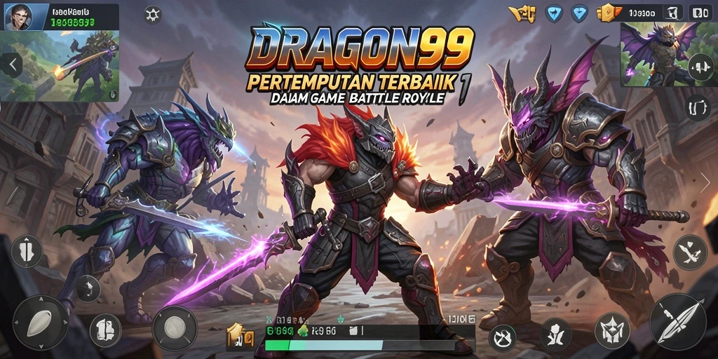 Tangkapan layar utama DRAGON99 menampilkan aksi pertempuran intens dalam arena Battle Royale.